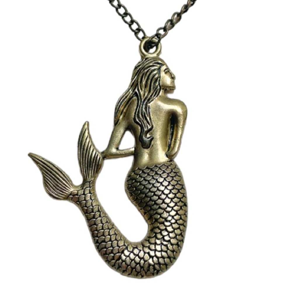 Bronze gold mermaid large pendant necklace